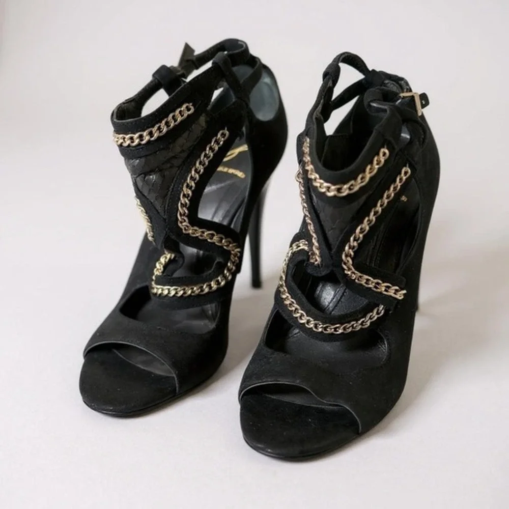 Brian Atwood Chain Link Suede Cage Sandals Womens 8 Black Excellent Stiletto